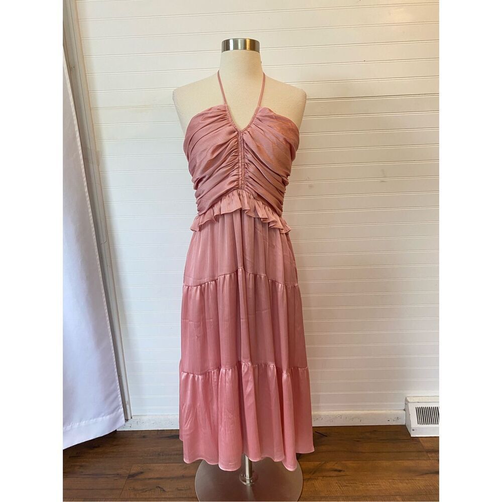 Chelsea & Violet Plisse Pink Satin Halter Neck Tiered Dress NWT Size 10